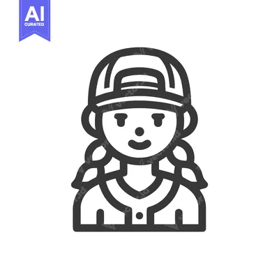 Premium design asset: Clean Line Art Icon of Female Baseball Player in Cap and Jersey with P