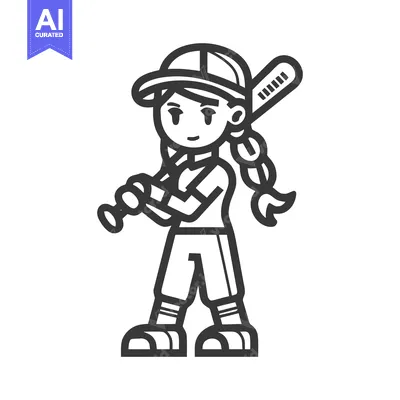 Sporty Girl Baseball Player in Batting Stance, Dynamic Monochrome Line