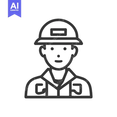 Minimalist Line Art Icon of Construction Worker in Hard Hat, Simple Ve