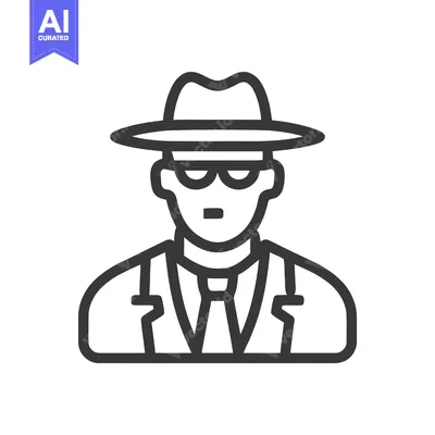 Minimalist Line Icon of Mysterious Man in Hat and Sunglasses, Detectiv
