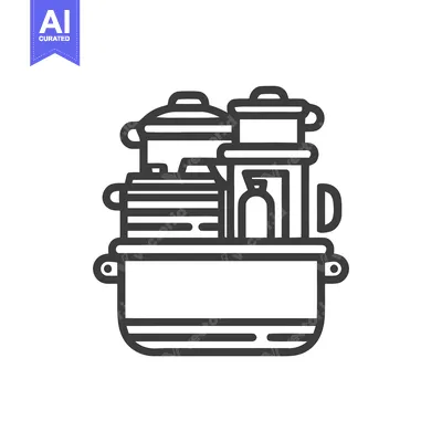 Minimalist Line Art Icon of Stacked Kitchen Cookware: Pots, Pans, and