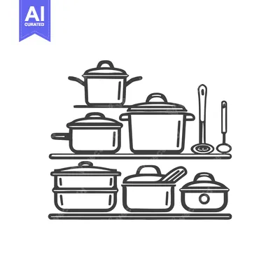Minimalist Kitchenware Shelf Line Art: Organized Pots, Pans, and Utens