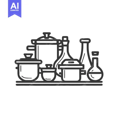 Aset desain premium: Clean Line Art Icon: Assorted Kitchen Pots, Bottles, and Laboratory Gl