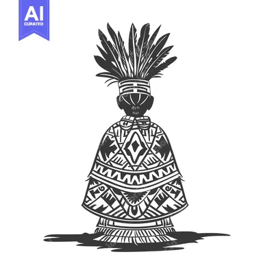 Aset desain premium: A Black and White Illustration of a Person in Traditional Indigenous C