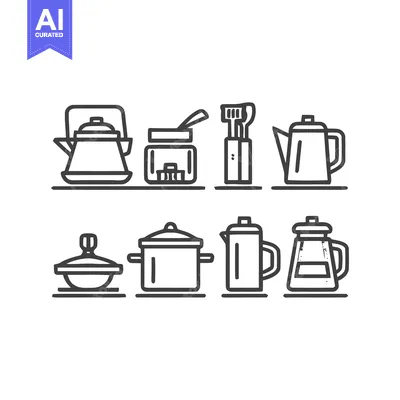 Minimalist Kitchenware Line Art Icons Set: Kettle, Pots, Utensils, and