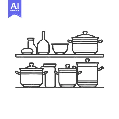 Aset premium populer: Organized Kitchenware Collection: Simple Line Art Pots, Bottles, and B