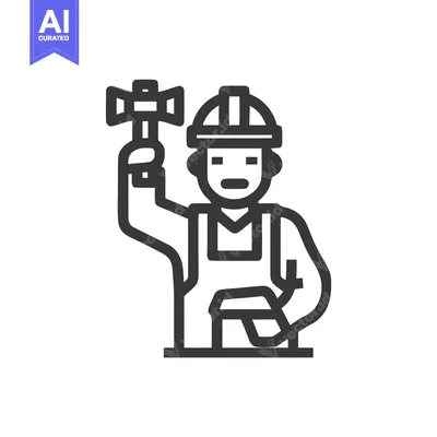 Bold Line Art Icon: Worker in Hard Hat with Raised Hammer, Symbolizing