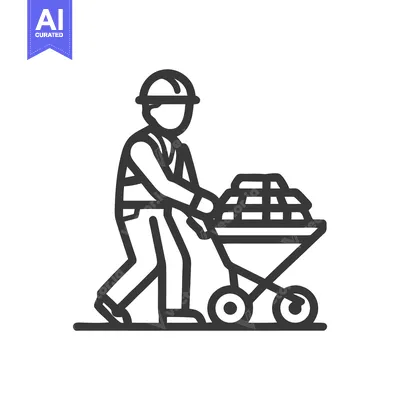Minimalist Line Art Icon: Construction Worker Pushing Wheelbarrow with