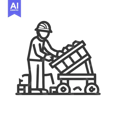 Simple Line Art Icon of Worker in Hard Hat Operating Tilted Mining Car