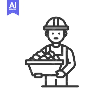 Minimalist Line Art Icon of Construction Worker with Hard Hat Holding