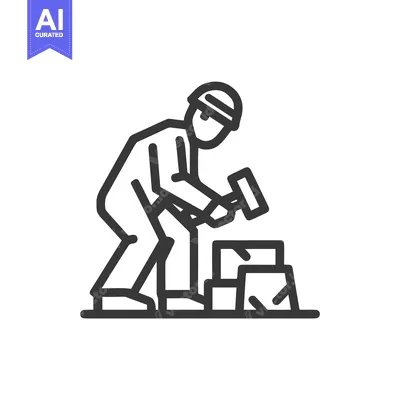 Minimalist Line Art Icon of Construction Worker Hammering Stone Blocks