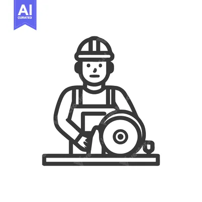 Minimalist Line Art Icon of Construction Worker Operating Circular Saw
