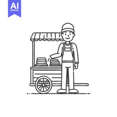 Smiling Street Food Vendor with Pushcart Line Art Illustration