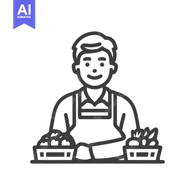 Smiling Greengrocer Icon with Fresh Organic Produce Baskets - Simple L
