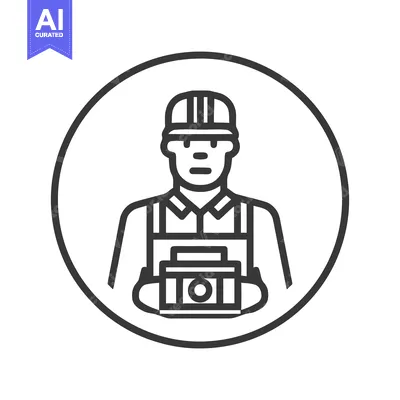 Minimalist Line Art Icon of Construction Worker with Toolbox in Circle
