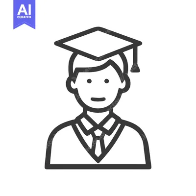 Minimalist Line Art Icon of a Male Graduate Student in Cap and Tie, Sy
