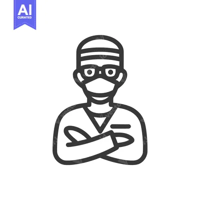 Premium design asset: Modern Line Art Icon: Medical Professional in Mask, Glasses, and Cap w