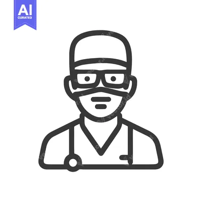 Minimalist Line Icon of Medical Professional with Surgical Mask, Cap,