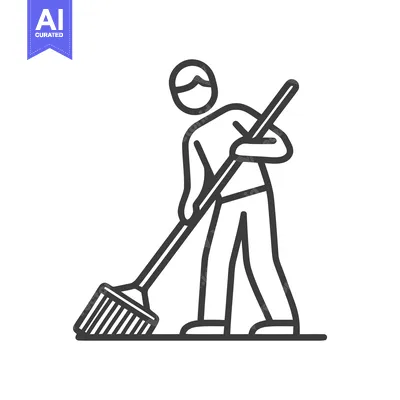 Cleanliness Concept: Minimalist Line Art Icon of Person Sweeping Floor