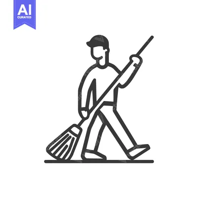 Minimalist Line Art Icon of a Person Walking with a Broom, Symbolizing