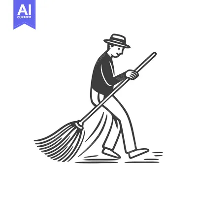 Premium design asset: Stylized Monochrome Illustration of a Man in a Fedora Sweeping with a