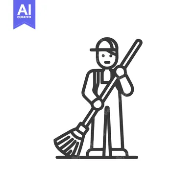 Popular premium asset: Minimalist Line Art Icon of a Janitor Sweeping with a Broom, Represent