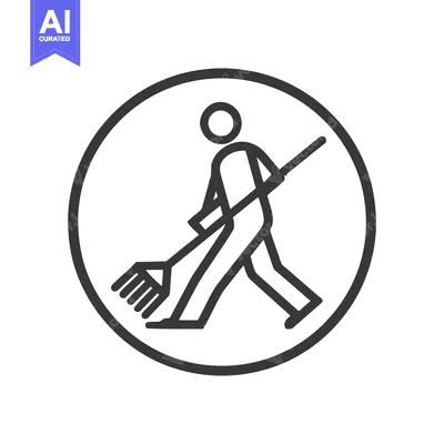 Minimalist Line Icon of Person Raking Leaves in Circular Frame