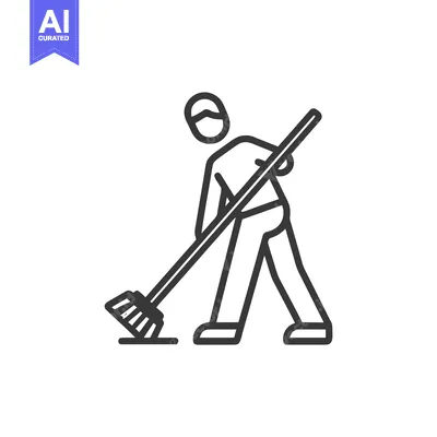 Aset premium populer: Minimalist Line Art Icon of a Person Sweeping with a Broom, Representi