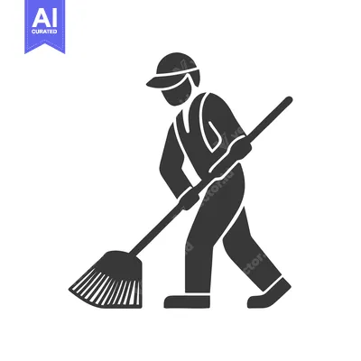 Aset desain premium: Minimalist Black Silhouette Icon of a Worker Sweeping with a Broom, Cl