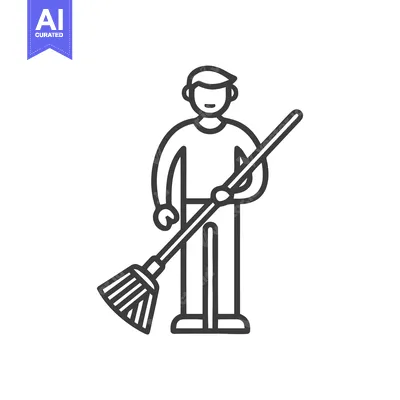 Minimalist Line Art Icon of Person Holding Broom, Symbolizing Cleaning