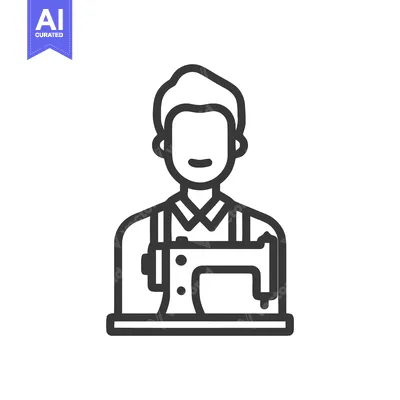 Smiling Person with Sewing Machine Line Art Icon, Tailor or Seamster S