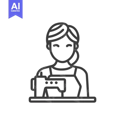 Clean Line Art Icon of Woman Seamstress Operating Sewing Machine, Craf