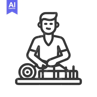 Smiling DJ Icon with Turntable and Mixer, Minimalist Black Line Art