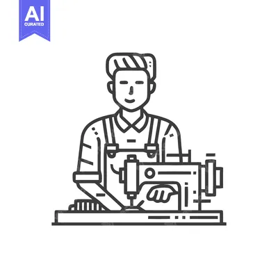 Minimalist Line Art Icon of a Skilled Tailor or Seamster Operating a S