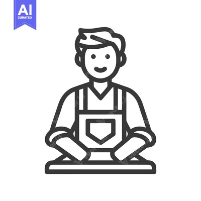 Stylized Happy Man in Apron Icon, Simple Black Line Art for Service or