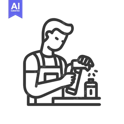 Minimalist Line Art Icon of Man in Apron Spraying Bottle, Illustrating