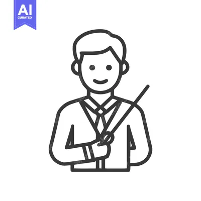 Smiling Male Teacher Icon with Pointer Stick, Simple Outline Vector Il
