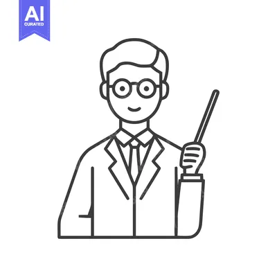 Smiling Male Professor or Teacher Icon with Pointer Stick, Simple Line