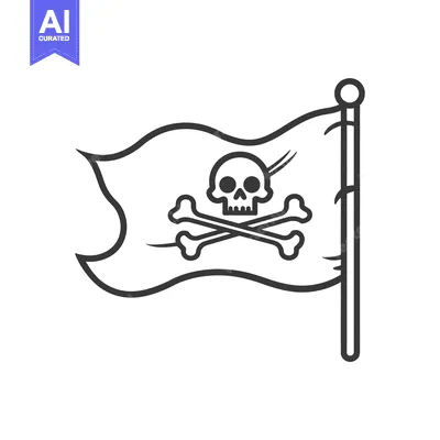 Aset desain premium: A black and white illustration of a pirate flag with a skull and cross