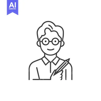 Premium design asset: Minimalist Line Art Icon of Smiling Person with Glasses Holding a Penc