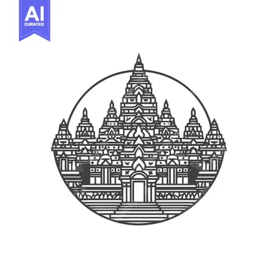 Aset desain premium: Minimalist Angkor Wat Temple Line Art Icon in Circular Frame, Detailed