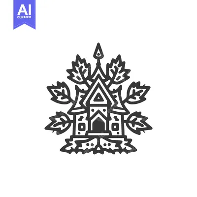 Elegant Monochrome Temple Icon with Symmetrical Organic Leaf Design