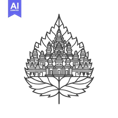 Elegant Line Art: Asian Temple Structure within Sacred Bodhi Leaf Symb