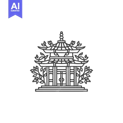 Elegant Minimalist Line Art Pagoda with Stylized Foliage, Reflecting A