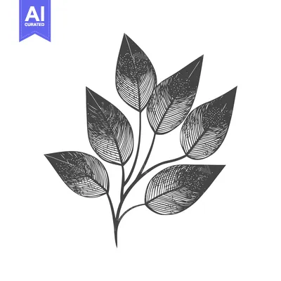 Detailed Hand-Drawn Monochrome Botanical Branch with Textured Leaves,