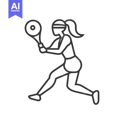 Stylized Black Line Art Icon of Female Tennis Player in Dynamic Action
