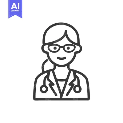 Friendly Female Physician Line Art Icon with Glasses and Stethoscope