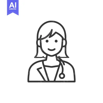 Smiling Female Doctor Line Icon with Stethoscope and Lab Coat