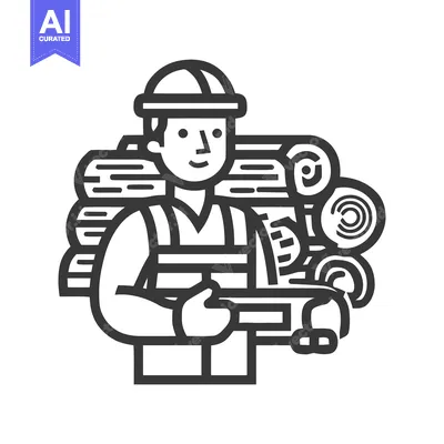 Bold Line Art Icon of a Smiling Logger with Chainsaw and Stacked Timbe
