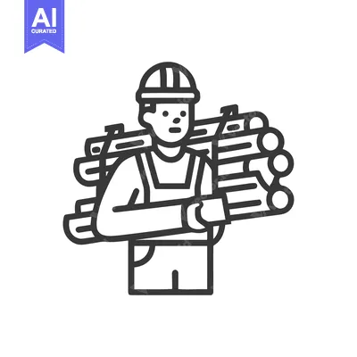 Bold Line Art Icon of a Construction Worker in a Hard Hat Carrying a S